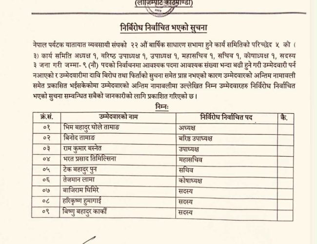 नेपाल पर्यटक यातायात व्यवसायी संघको कार्यसमिति निविरोध निर्वाचित