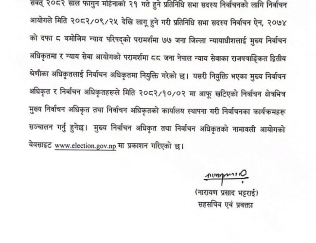 निर्वाचन आयोगद्वारा मुख्य निर्वाचन अधिकृत र निर्वाचन अधिकृत नियुक्त